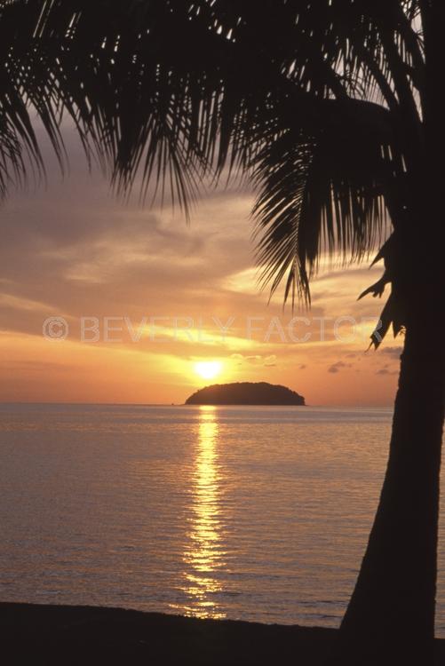 Sunset Island;ocean;yellow;colorful;red;water;sunset;sillouettes;sky;trees;Malaysia;palm trees
